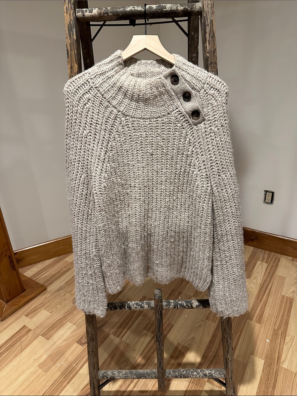 Banana Republic Factory Heather Beige Chunky Button-Shoulder Turtleneck Sweater